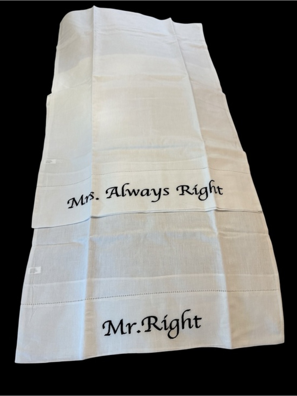 Mr & Mrs Wedding pillowcases “Mr. Right / Mrs. Always Right” White embroidered
